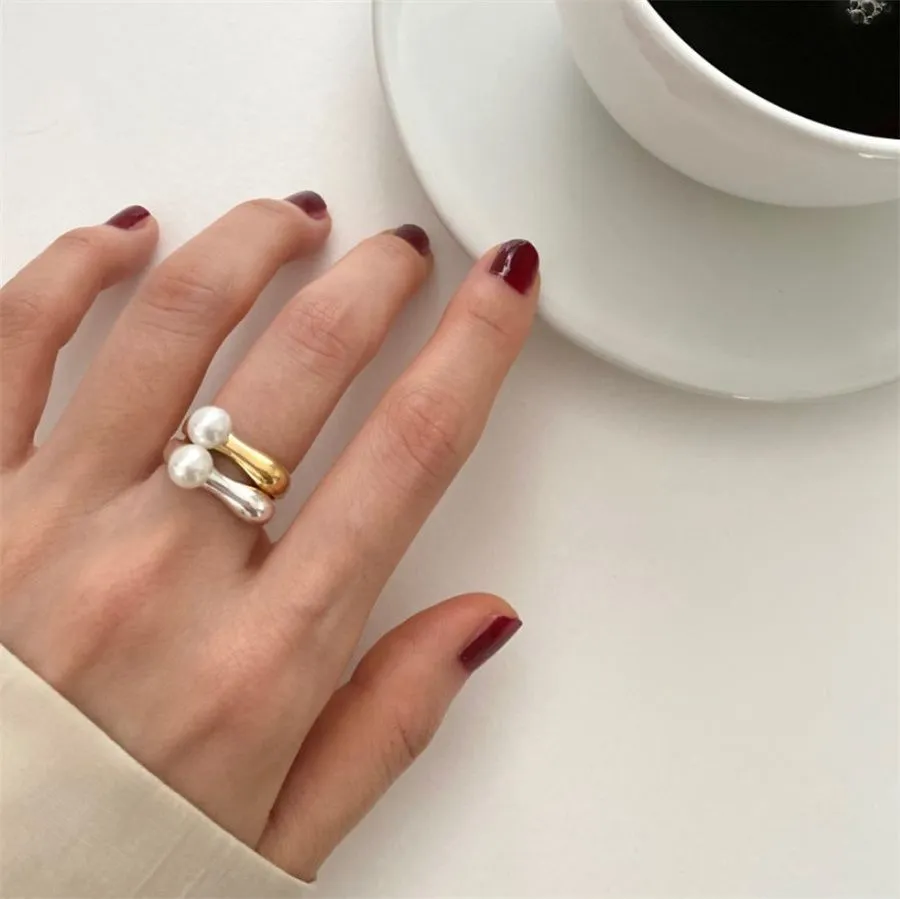 Korean Version Of 925 Sterling Silver Loe Ring INS Opening Niche Design Pearl Simple Personality Fashion Jewelry Accessories