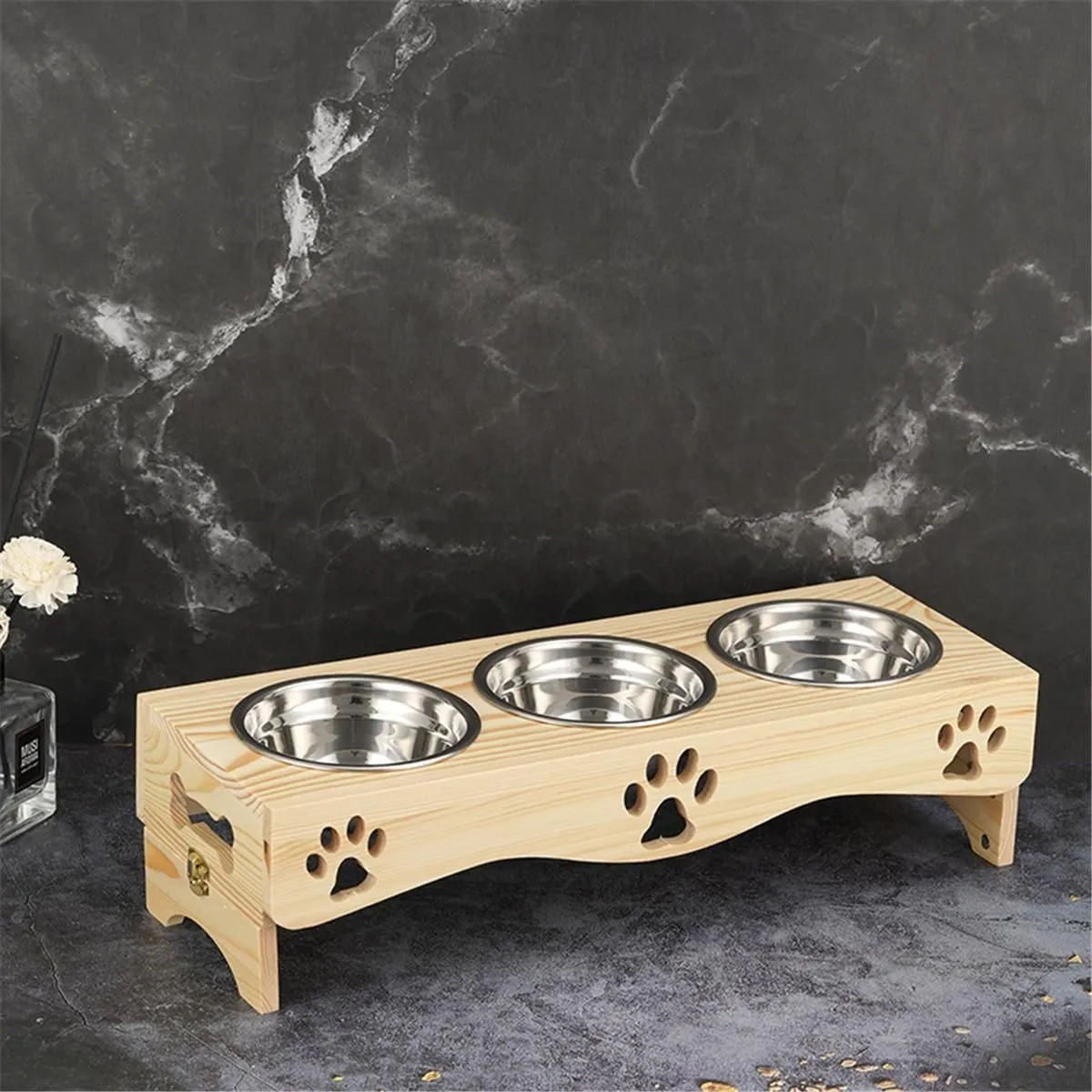 Feeding 3 Stainless Steel Dog Bowl with Wooden Base Pet Supplies Cat Dog Feeders