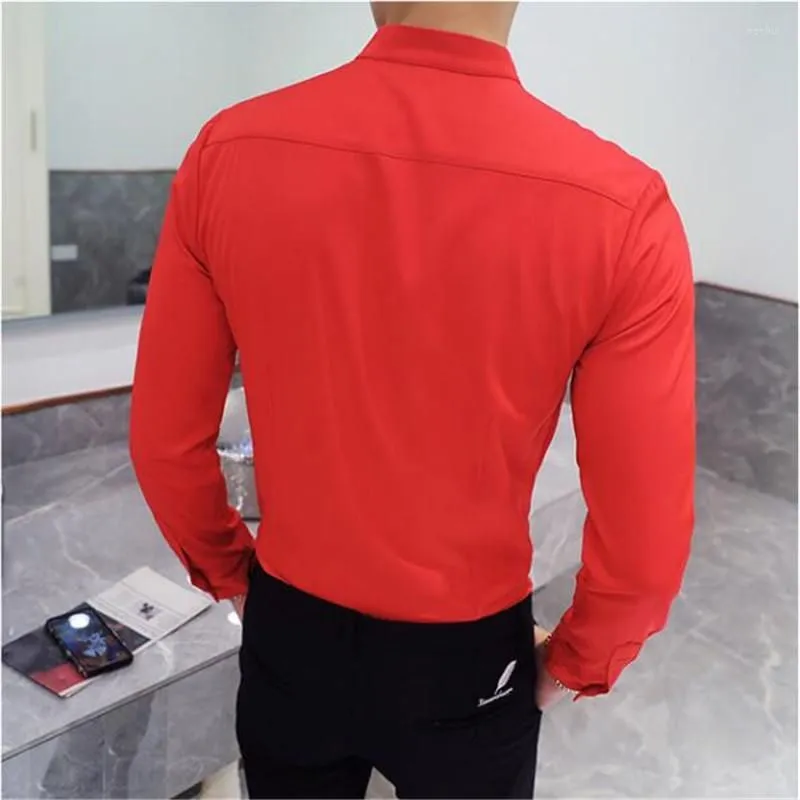 Men`s Casual Shirts 2022 Autumn Men`s Stand Collar Shirt Masculina Boutique Long-Sleeved Slim Solid Color Business Dress