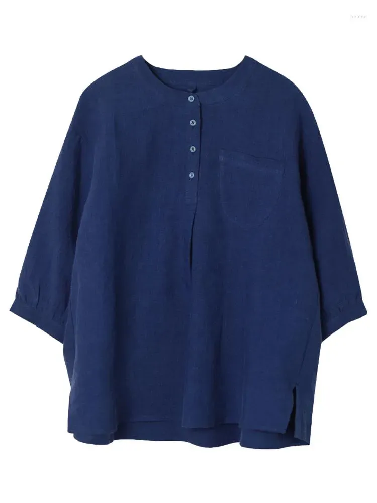 Women`s Blouses 117-131cm Bust / Spring Women All-match Basic Loose Blue Comfortable Natural Fabric Water Washed Linen Shirts/Blouses