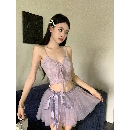 Work Dresses Sweet Cool Girl Suit Women`s Pure Sexy Short Strap Top Purple Fluffy A-line Mini Skirt Two-piece Set Fashion Female