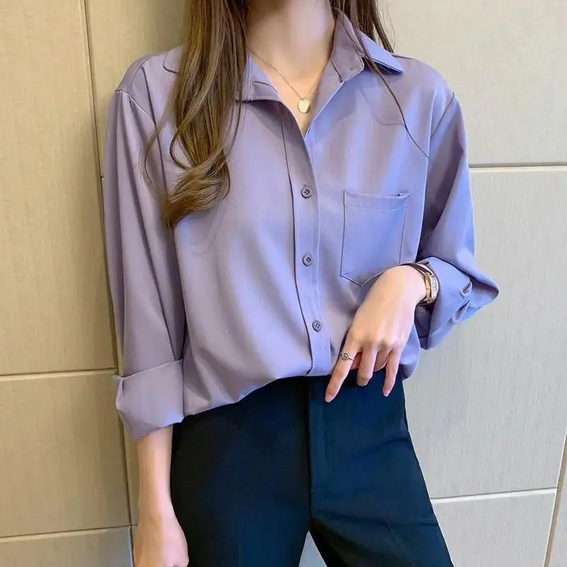 Women`s Blouses Retro Purple Long Sleeve Solid Color Shirt Simple Chiffon Tops And Blouse Women Elegant Clothing Blusas Mujer Q495