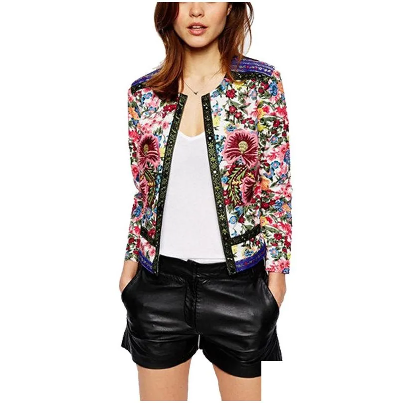 Whole 2017 spring jacket women Floral Print Embroidered short jacket Vintage Long Sleeve open stitch coats female jaqueta