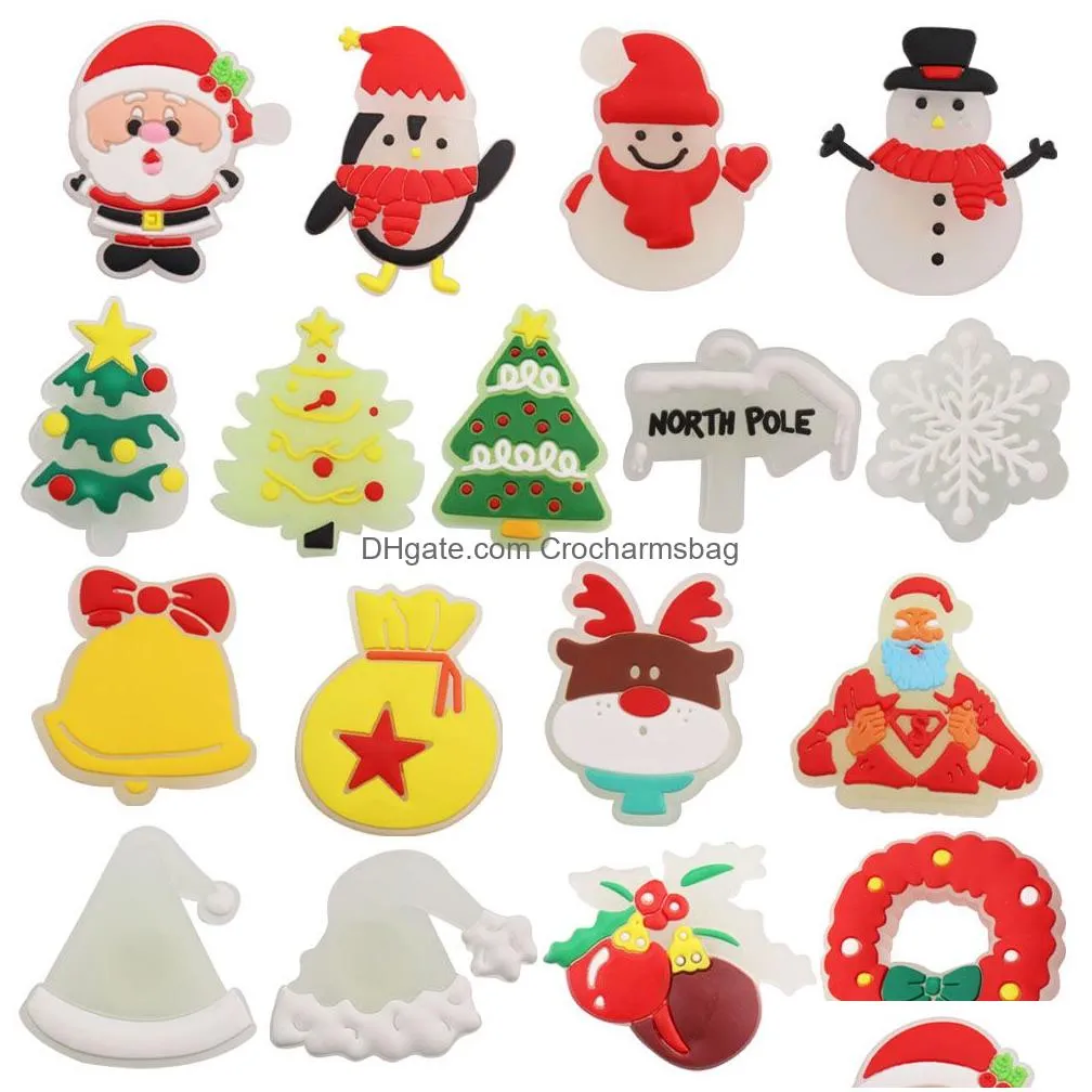 Shoe Parts & Accessories Moq 20Pcs Pvc Santa Claus Christmas Tree Bell Penguin Hat Snowflake Elk Grow On The Night Luminous Decoration Dhiqw