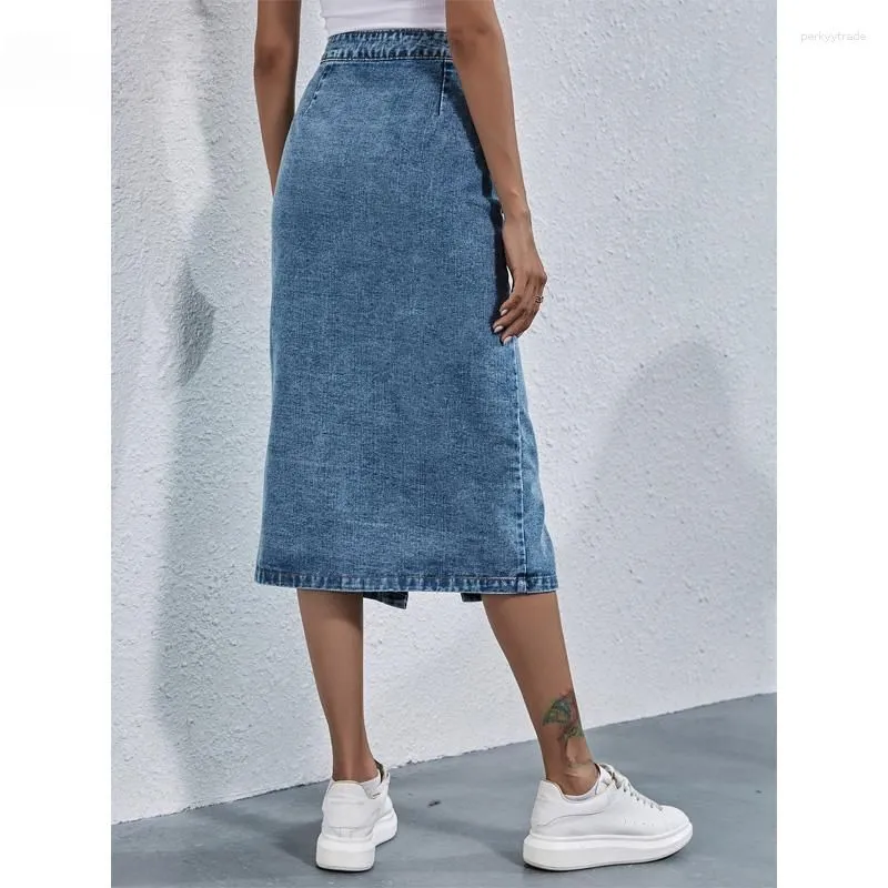 Skirts Europe And America Single Breasted Knee Length Denim Skirt Women Streetwear Casual Pocket High Waist Straight Jeans