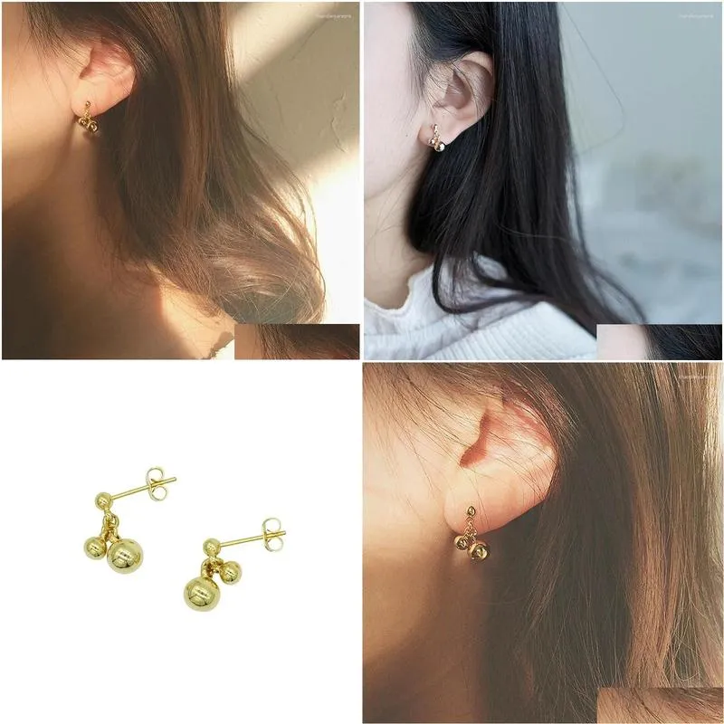 Stud Earrings 925 Sterling Silver Three Beads Gold For Women Simple Cute Girl Gift Mini Smooth Sphere Piercing Jewelry