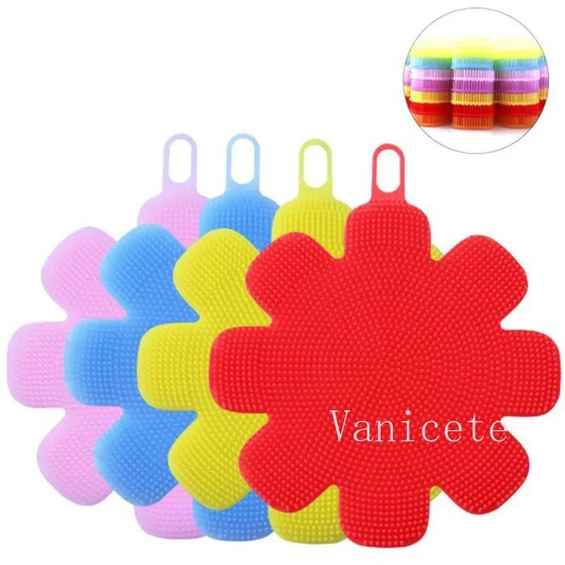 7 Color Kitchen Cleaning Tools Plum Blossom Silicone Dishwashing Brush Pot Vegetable Fruit Cleaning Brushs heat insulation Pads