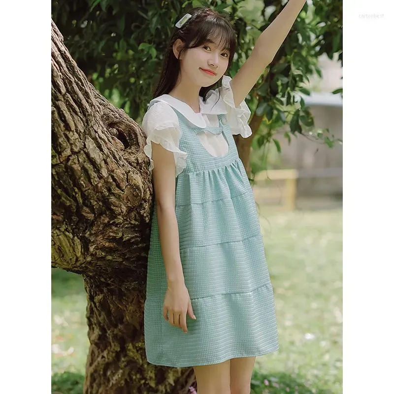 Work Dresses SWEETXUE Summer Embroidery Doll Collar Short-Sleeved Shirt Denim Suspender Mini Skirt Two-Piece Outfit Korean Cute Suits