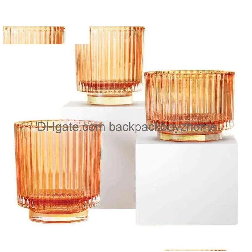 Candle Holders Modern Cylindrical Shape Glass Holder With Vertical Lines Texture On In Blue Brown Orange Purple Red Color Tabletop Dro Dh6Ek