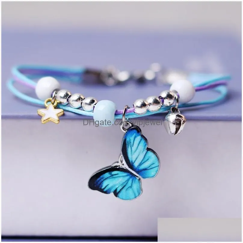 individuality cute butterfly drip glaze pendant charm bracelet hand-wowen hand made bells bracelets bangles for women girl children