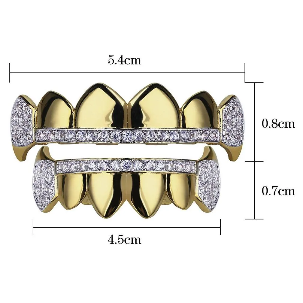 18K Real Gold Teeth Grillz Caps Iced Out Top Bottom Vampire Fangs Dental Grill Set Wholesale k3