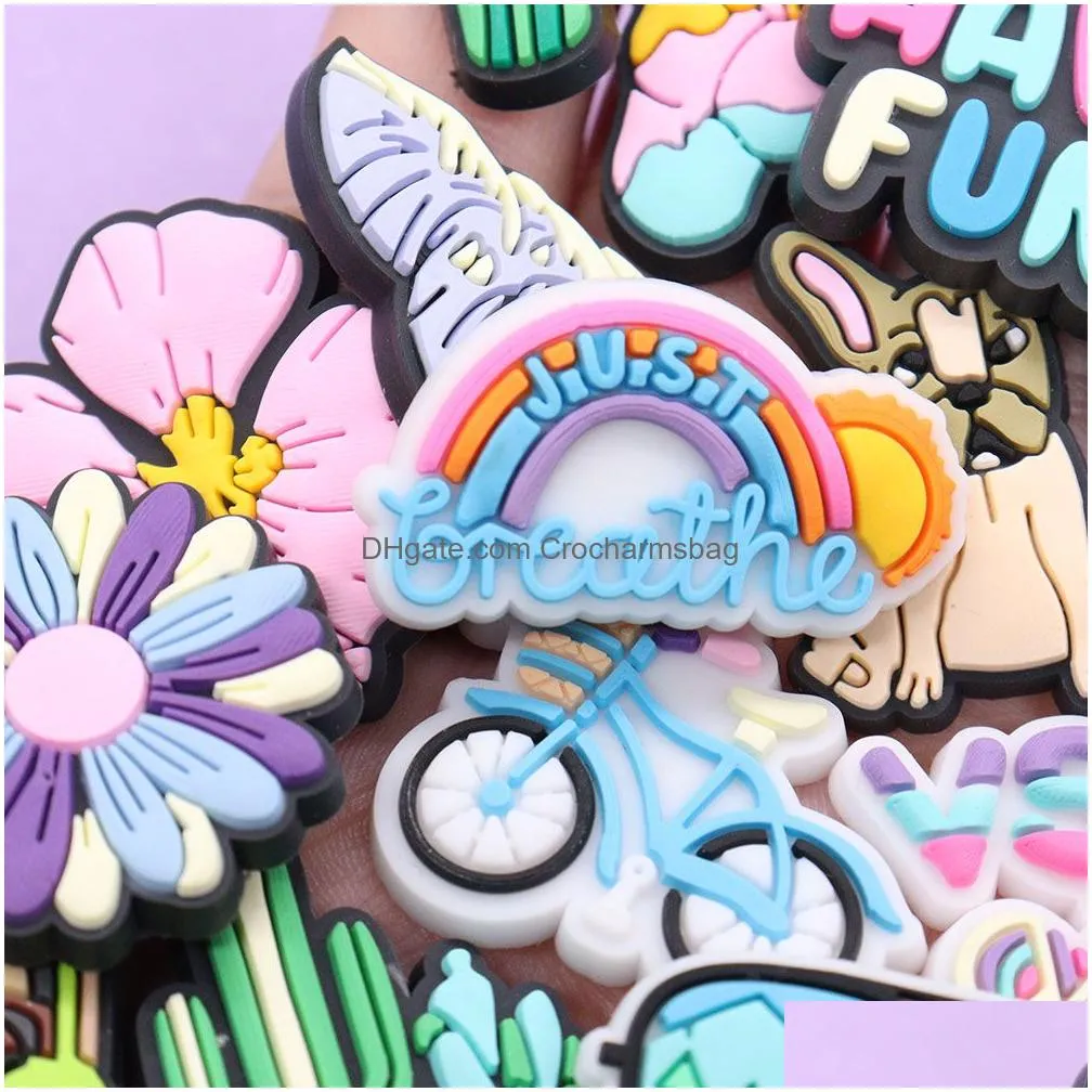 Shoe Parts & Accessories Wholesale 100Pcs Pvc Glasses Just Have Fun Breath Girl Bicycle Travel Cactus Sandals Buckle Charms Woman Deco Dhwhn