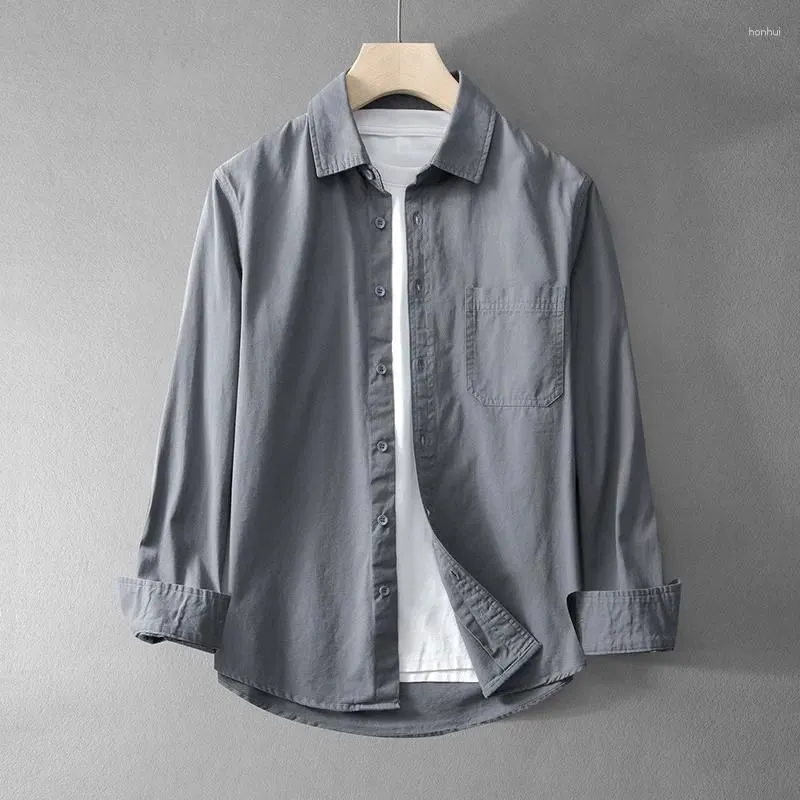 Men`s Casual Shirts Long Sleeved Shirt Pure Cotton Washed Lapel Work Clothes Sold Color Versatile Basic With Chest Pocket