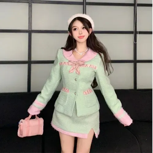 Work Dresses Sweet Girl Suit For Women`s Autumn/Winter Bow Tie Lapel Short Woolen Jacket High Waisted Mini Skirt Fashion Two-piece Set