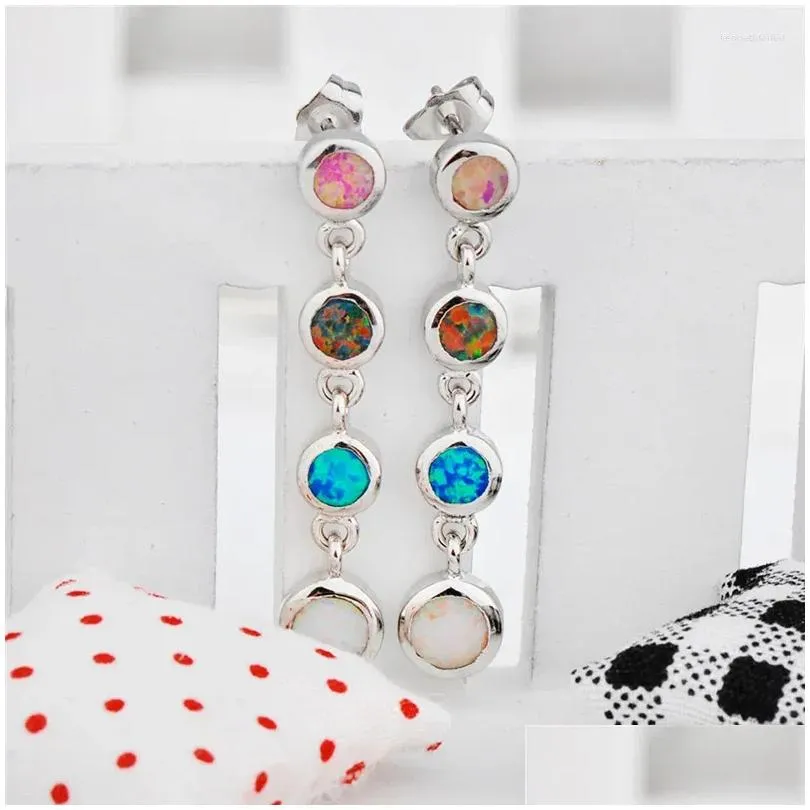 Dangle Earrings Multicolor Opal Long Female Cute Round Stone Classic Silver Color Drop For Women Party Jewelry