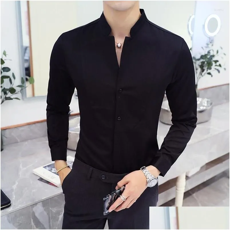 Men`s Casual Shirts 2022 Autumn Men`s Stand Collar Shirt Masculina Boutique Long-Sleeved Slim Solid Color Business Dress