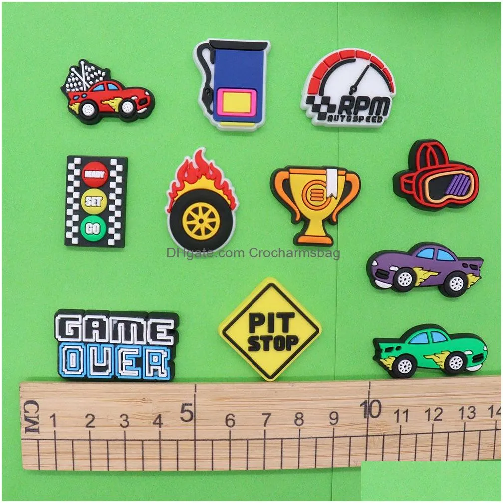 Shoe Parts & Accessories Moq 20Pcs Pvc Trophy Pit Stop Racing Car Ready Set Go Game Over Charms For Wristband Decorations Buckle Ornam Dhsdc