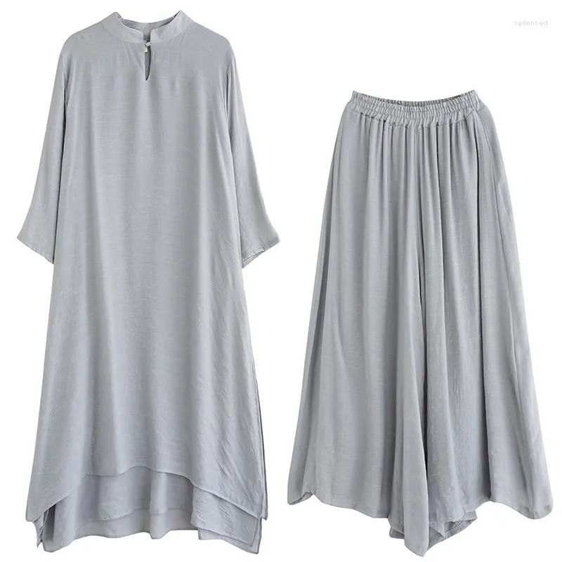 Work Dresses Two Piece Set Spring/Autumn Long Sleeve Loose Casual Cotton And Linen Dress Wide Leg Pants Women`s Sets 2 Pieces