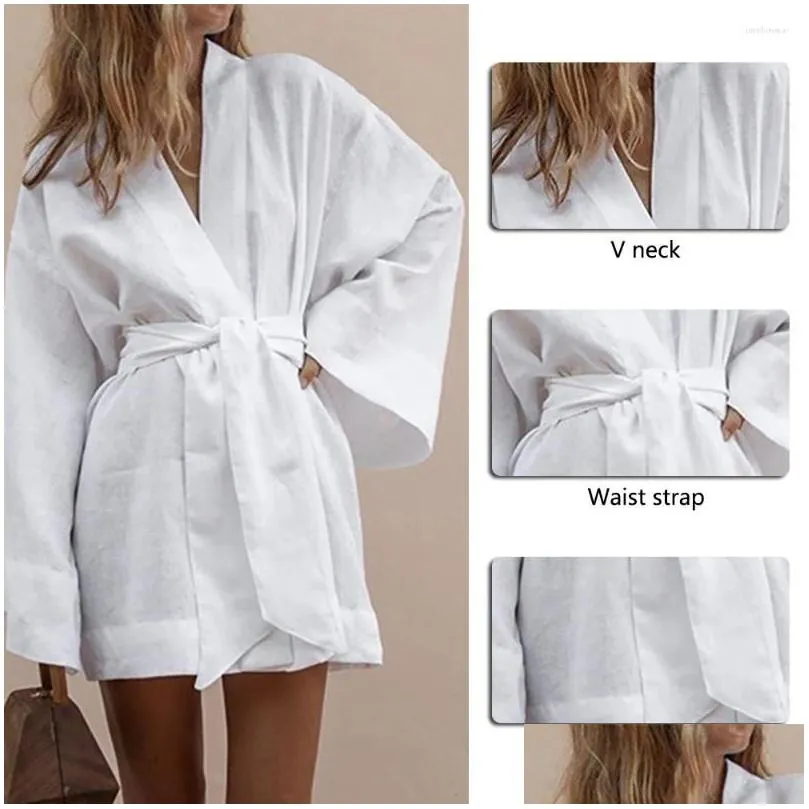 Women`s Swimwear Summer Cotton Shirtdress Long Sleeve Swimsuit Cover-Ups White Cardigan Beachwear Sun Protection Self Belted Kimono