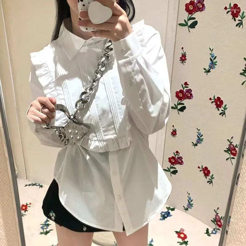 Women`s Blouses Designer Btand Chic Ruffles Bib Long Sleeve Shirt Loose Ear Edge Age Reducing White Tops Korean Vestidos