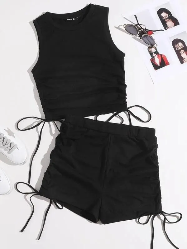 Women`s Tracksuits Women Casual 2pcs Sets Tracksuit Sleeveless Round Neck Drawstring Crop Vest Summer Spring Shorts