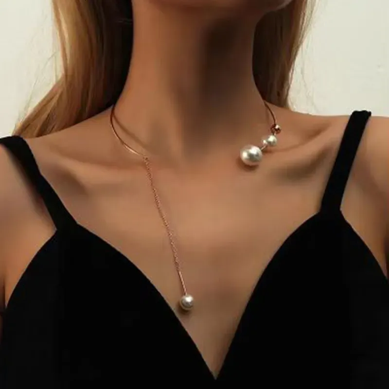 Pendant Necklaces Exaggerated Pearl Necklace For Women Simple Versatile Golden Bead Opening Collar Exquisite Clavicle Korean Fashion Jewelry Gifts