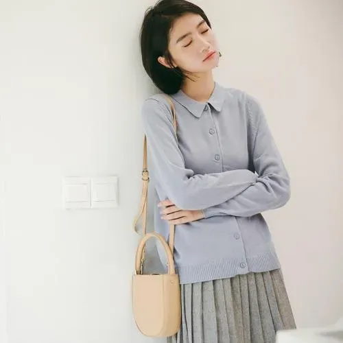 Women`s Knits Women`s & Tees Lapel Solid Knitted Cardigan 2022 Autumn All-Match Sweater Japanese Small  College Style Doll Collar