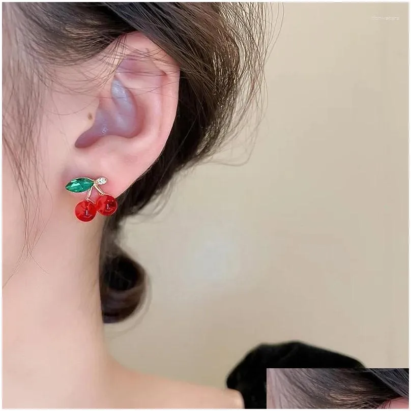 Stud Earrings Sweet Rhinestone Glass Cherry Fruit For Women Girl Exquisite Versatile Fashion Accessories