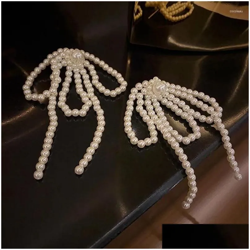 Stud Earrings Bowknot Pearls Ear Pendant Long Fringe Bows Beaded Earwear Wedding Anniversary Eardrop Accessory For Women