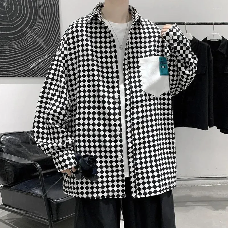 Men`s Casual Shirts High Street Ins Checkerboard Long Sleeved Shirt Spring Clothes Plus Fat Size Trendy People Loose Coat