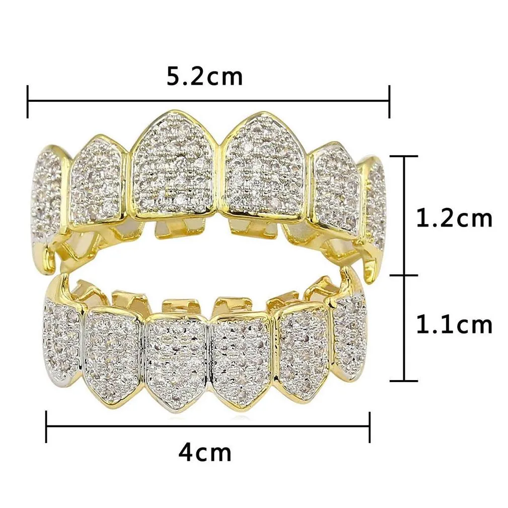 Hip Hop Iced Out CZ Mouth Teeth Grillz Caps Top Bottom Grill Set Men Women Vampire Grills