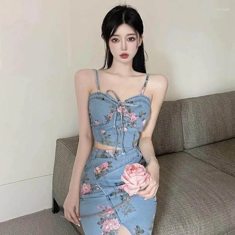 Work Dresses Sweet Girl Suit Women`s Suspender Top French Style Floral High Waist Denim Irregular Skirt Two-piece Set Fashion Female