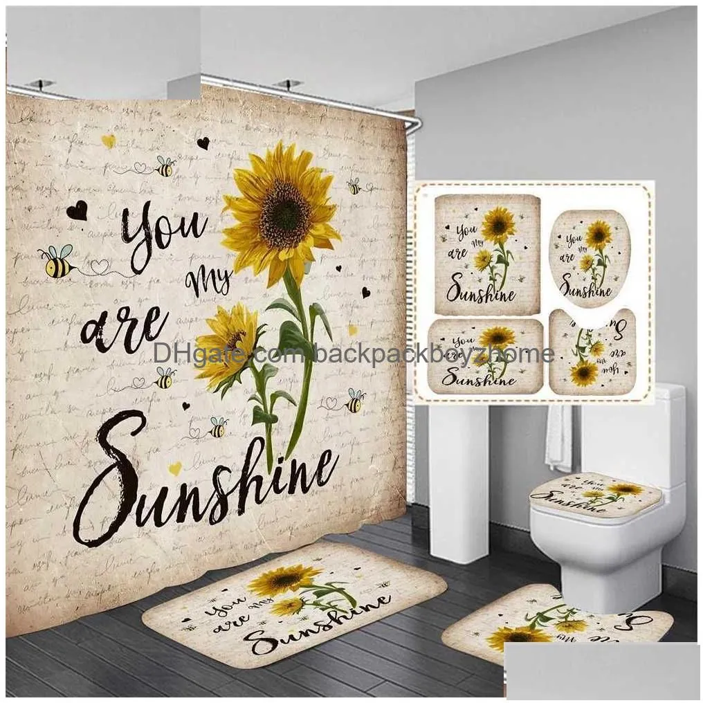 Shower Curtains 4Pcs Flower Curtain Set With Non-Slip Rugs Toilet Lid Er And Bath Mat Black Waterproof Bathroom Drop Delivery Dhlpr