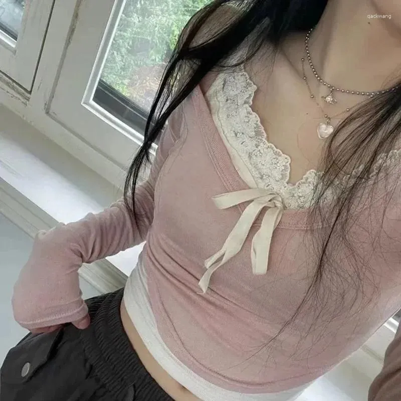 Womens T-Shirt T Shirts Y2K Lace Patchwork Contrast Color Cropped Top Pink Korean Style Slim-Fit Knitted Tops Coquette Aesthetic Long