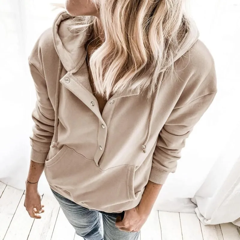 Women`s Hoodies Solid Color Button Long Sleeve Casual Drawstring Pullover Sweatshirts Pockets Korean Fashion Vintage Clothes 4