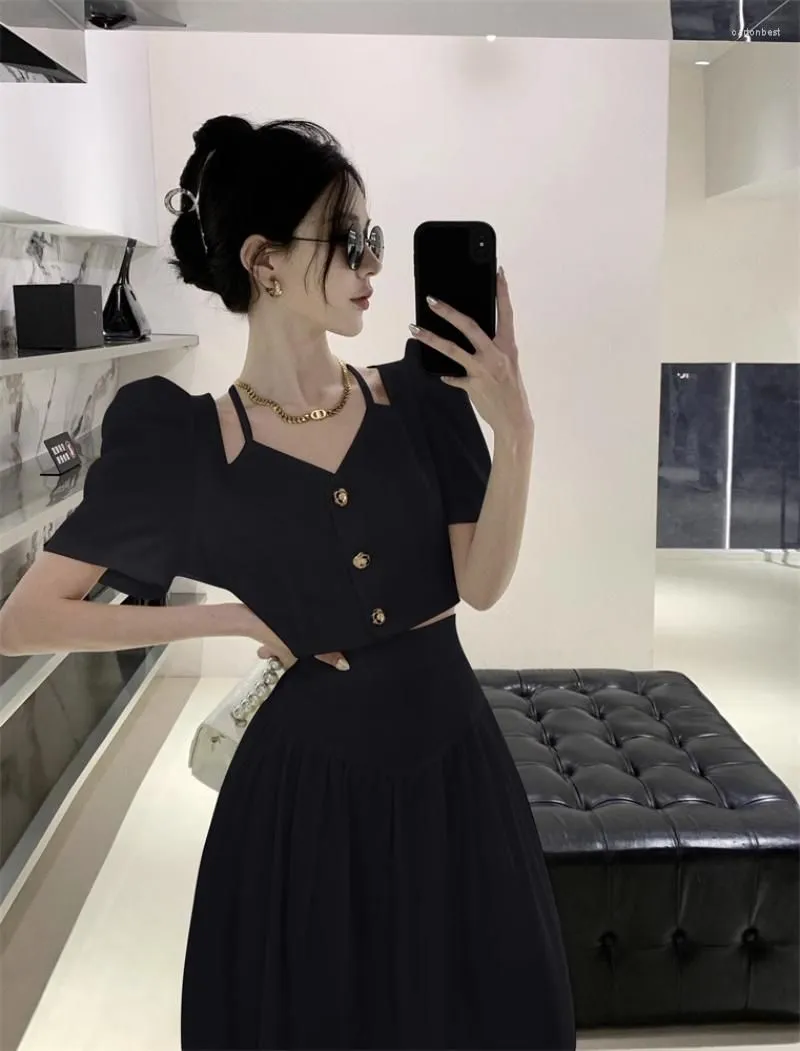 Work Dresses Summer Sweet Girl French Style Suit Women`s Bubble Sleeve Top High Waist A-line Long Skirt Two-piece Set Fashion Female