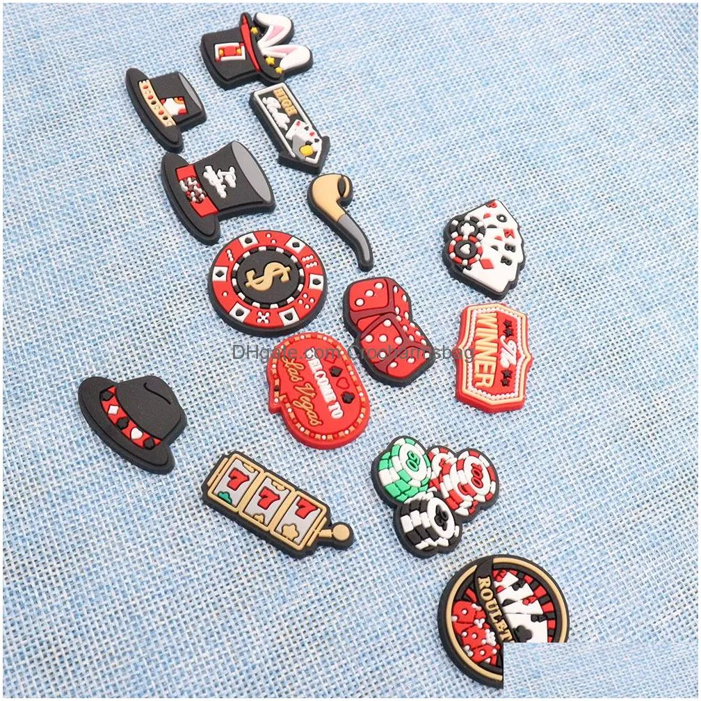 Shoe Parts & Accessories Wholesale 100Pcs Pvc Las Vegas Winner Poker Coin Dice Pipe Charms Buckle Decorations For Bracelet Button Clog Dh3Vd