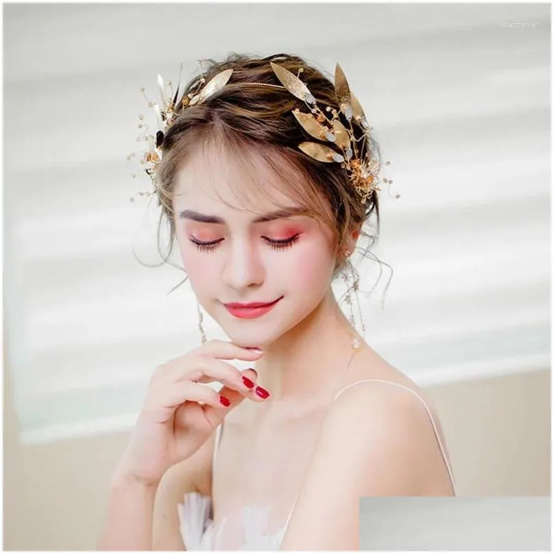 Hair Clips Baroque Bride Gold Color Leaf Crown Crystal Wedding Tiara Women Accessories Hairbands Head Ornaments