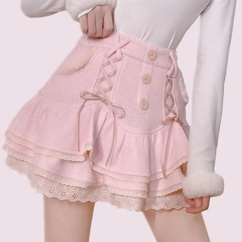 Skirts HOUZHOU Kawaii Lolita Mini Women Autumn Winter Fairycore Japanese Sweet High Waist Bandage Lace Pink Ruffle Layer Skirt