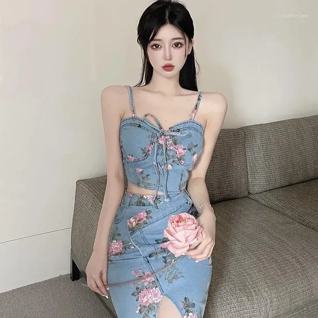 Work Dresses Sweet Girl Suit Women`s Suspender Top French Style Floral High Waist Denim Irregular Skirt Two-piece Set Fashion Female