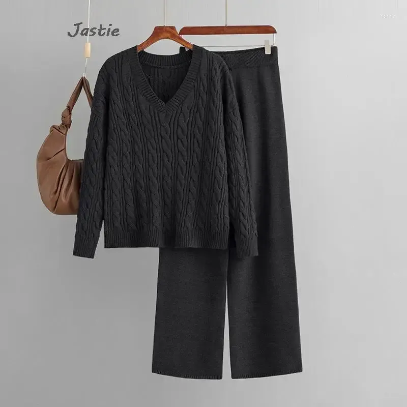 Women`s Two Piece Pants 2024 Autumn And Winter Fashion Wide-leg Sweater Women Suit V-neck Knitted Top Long Trousers Two-piece Set