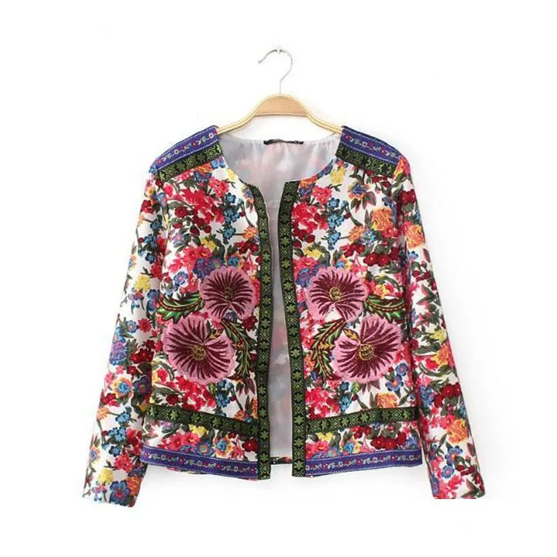 Whole 2017 spring jacket women Floral Print Embroidered short jacket Vintage Long Sleeve open stitch coats female jaqueta