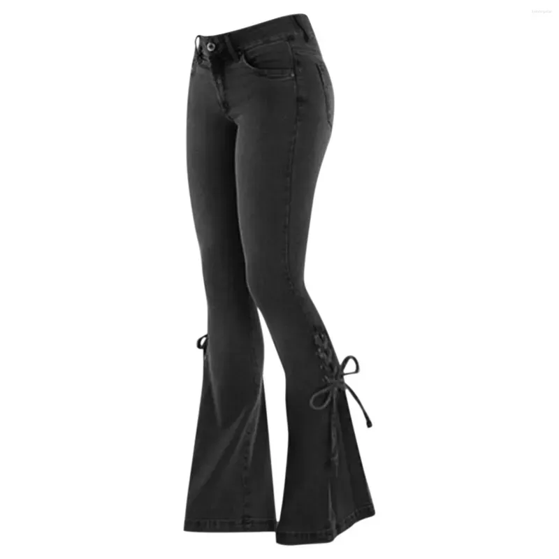 Women`s Jeans Mid Waist Stretch Flare Women Denim Pants Wide Leg Butt-lifted Casual Korean Style Skinny Bell Bottom Pocket Trousers