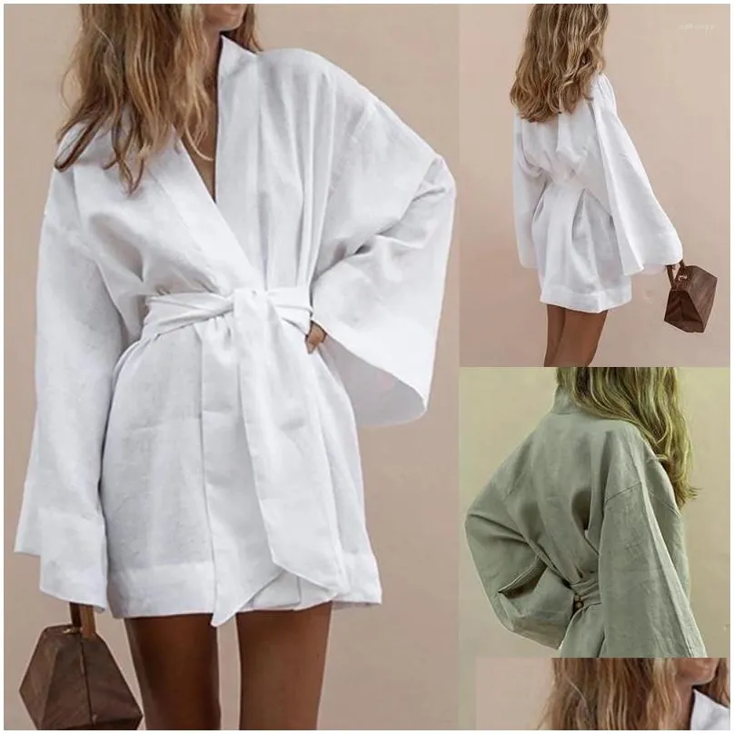 Women`s Swimwear Summer Cotton Shirtdress Long Sleeve Swimsuit Cover-Ups White Cardigan Beachwear Sun Protection Self Belted Kimono