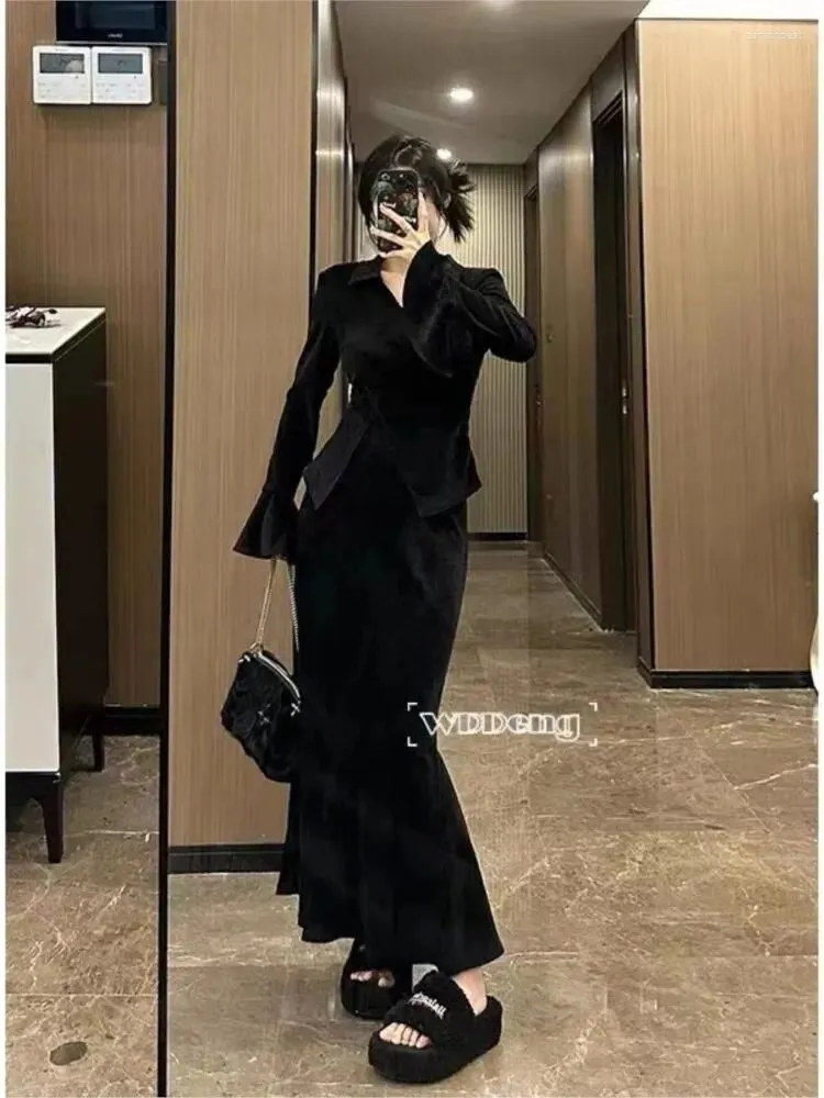 Work Dresses Two Pieces Set 2024 Plus Size Chinese Style Elegant V Neck Split Women Blouse Y2k Slim Solid Fairy Fashion Skirts Casual