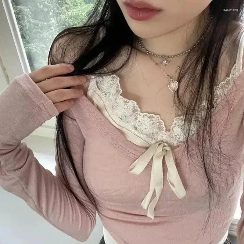 Womens T-Shirt T Shirts Y2K Lace Patchwork Contrast Color Cropped Top Pink Korean Style Slim-Fit Knitted Tops Coquette Aesthetic Long