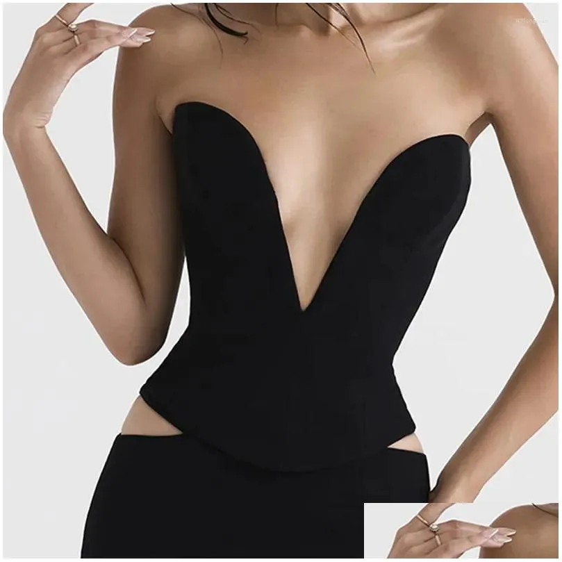 Women`s Tanks Plunge Steel Ring Top For Party Evening Short Velvet Highstreet Women Clothes Black Crop Sexy V Neck