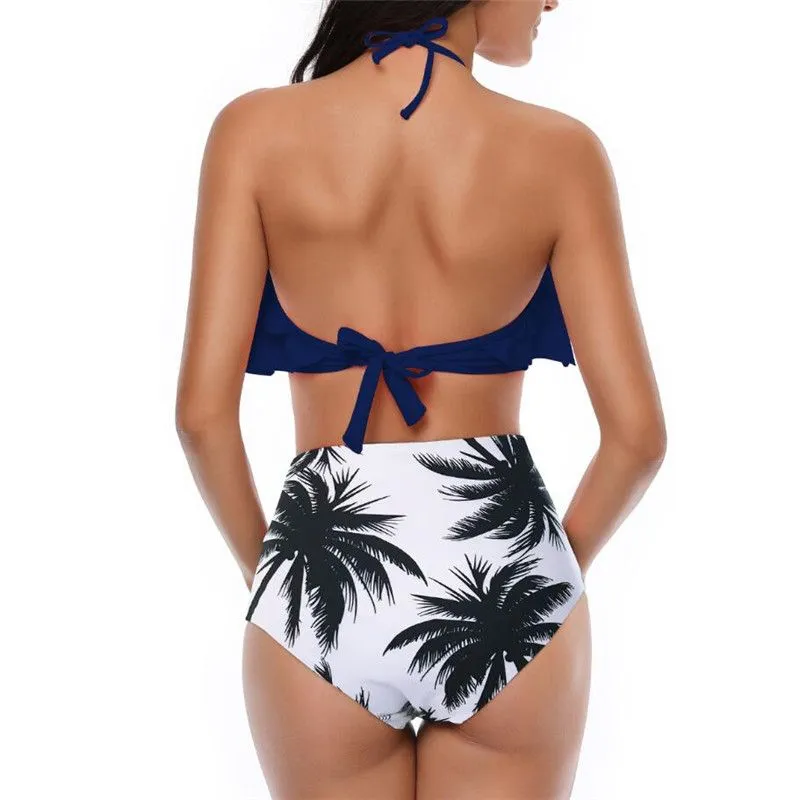 New Summer Women High Waisted Off Shoulder Ruffled Flounce Crop Bikini Flounce Top Bathing Suits Swimsuit Water Sports Beach