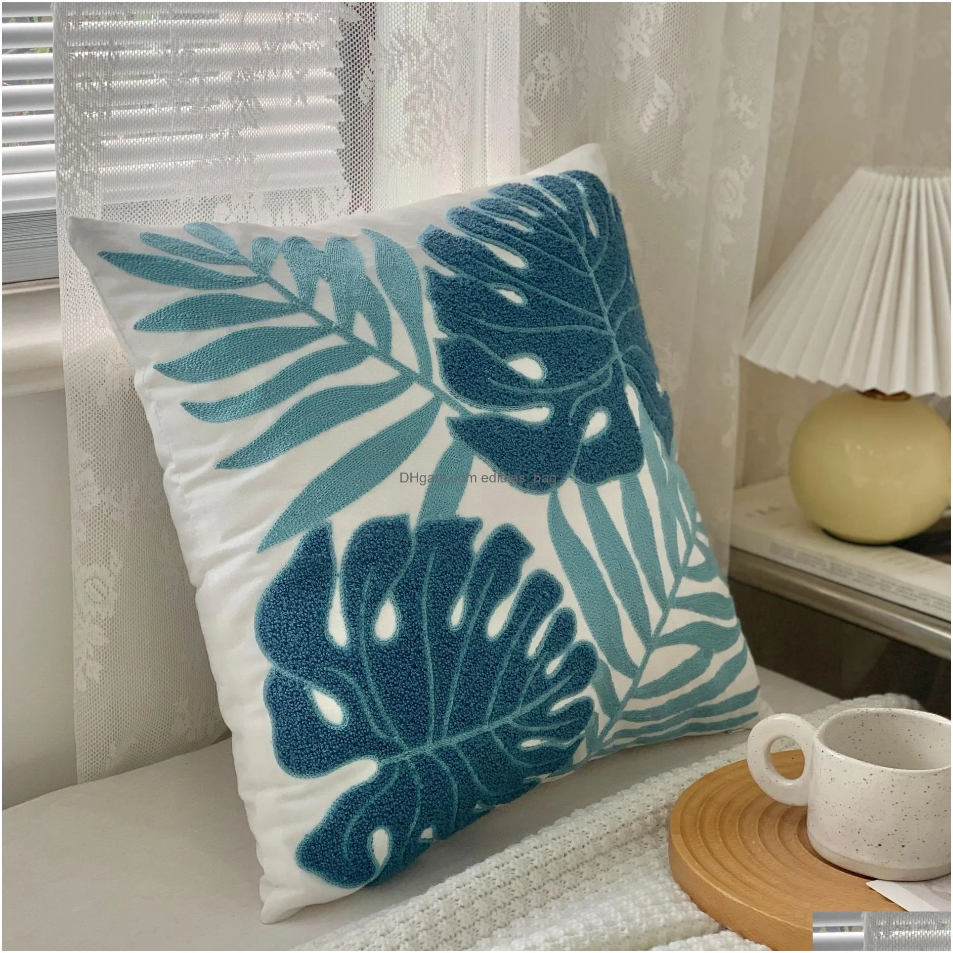 embroidery throw pillow covers 18x18 inch home decor tropical leaf palm pattern pillow cover for couch 100% cotton canvas cushion cover plant monstera leaf