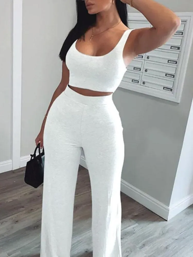 Women`s Jumpsuits Women`s & Rompers Summer Casual Two Piece Sets Sexy Sleeveless Vest Tops And Wide Leg Pants Sports Outifts 2022
